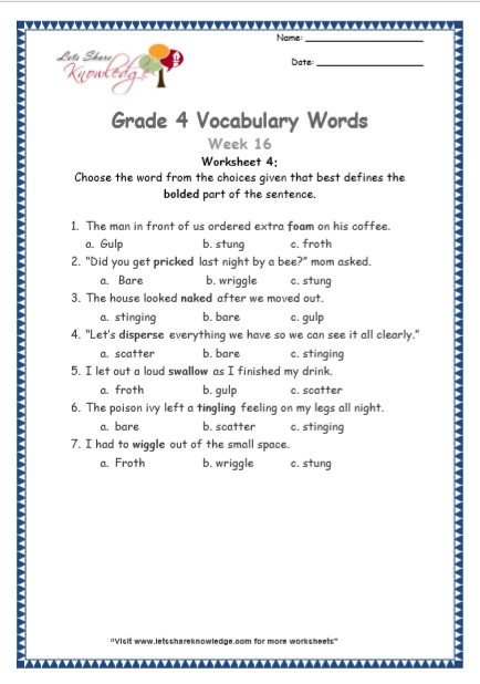  Grade 4 Vocabulary Worksheets Week 16 worksheet 4