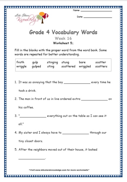  Grade 4 Vocabulary Worksheets Week 16 worksheet 5