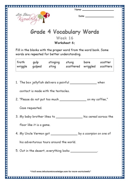  Grade 4 Vocabulary Worksheets Week 16 worksheet 6