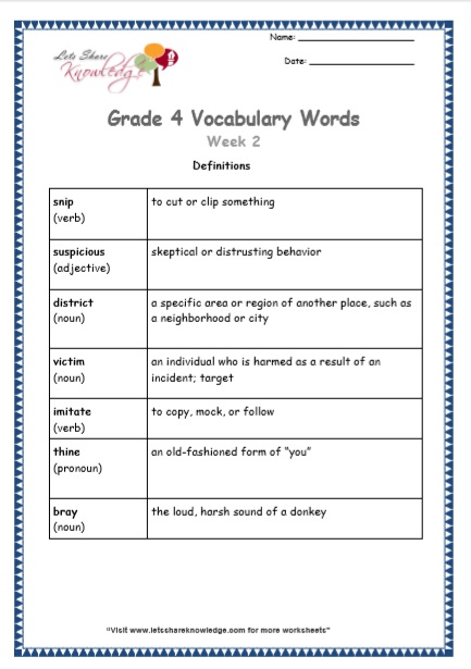 Grade 4 Vocabulary Worksheets Week 2 definitions