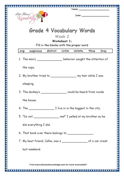 Grade 4 Vocabulary Worksheets Week 2 worksheet 1