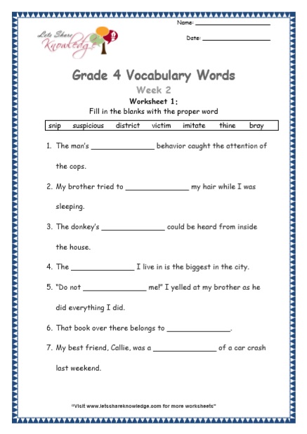 grade 4 vocabulary worksheets week 2 lets share knowledge