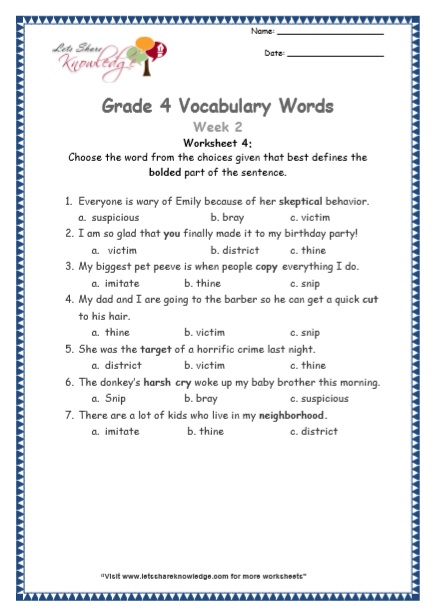  Grade 4 Vocabulary Worksheets Week 2 worksheet 4
