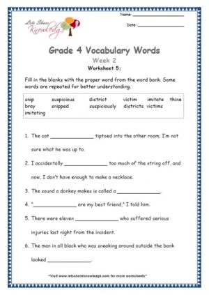 Grade 4: Vocabulary Worksheets Week 2