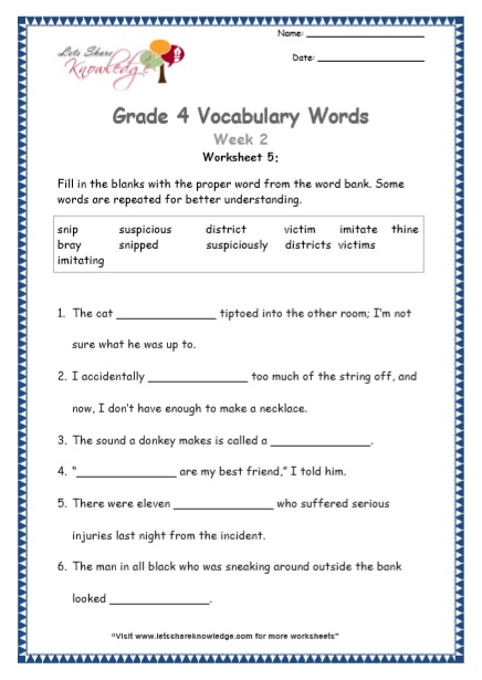 Grade 4: Vocabulary Worksheets Week 2