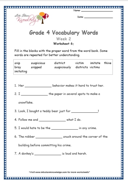  Grade 4 Vocabulary Worksheets Week 2 worksheet 6