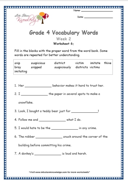 grade 4 vocabulary worksheets week 2 lets share knowledge