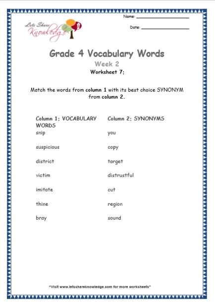  Grade 4 Vocabulary Worksheets Week 2 worksheet 7
