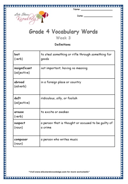 Grade 4 Vocabulary Worksheets Week 3 definitions