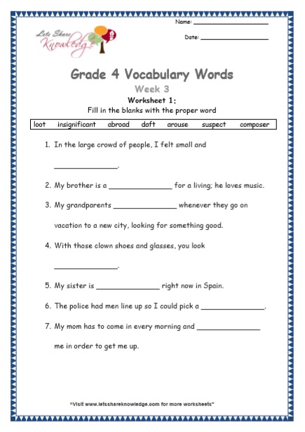 Grade 4 Vocabulary Worksheets Week 3 worksheet 1