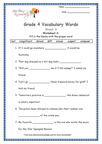 Grade 4 Vocabulary Worksheets Week 3 worksheet 2