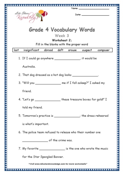 grade 4 vocabulary worksheets week 3 lets share knowledge