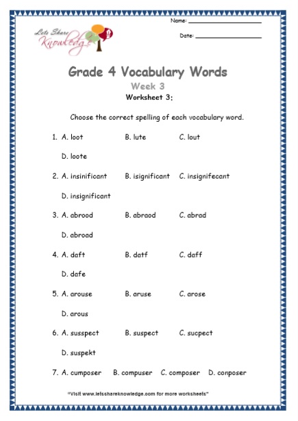  Grade 4 Vocabulary Worksheets Week 3 worksheet 3