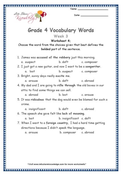  Grade 4 Vocabulary Worksheets Week 3 worksheet 4