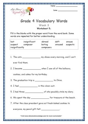 Grade 4: Vocabulary Worksheets Week 3