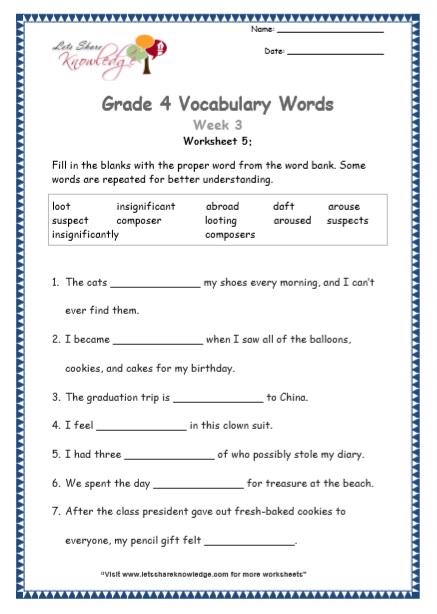  Grade 4 Vocabulary Worksheets Week 3 worksheet 5