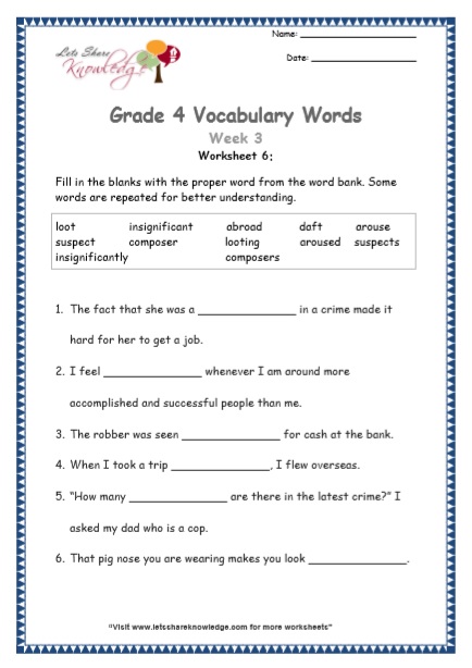  Grade 4 Vocabulary Worksheets Week 3 worksheet 6