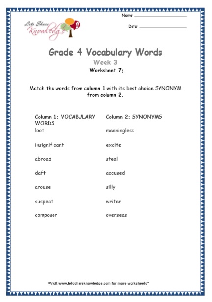  Grade 4 Vocabulary Worksheets Week 3 worksheet 7
