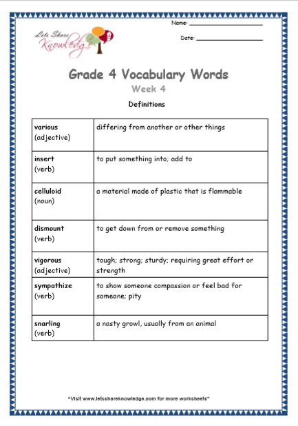 Grade 4 Vocabulary Worksheets Week 4 definitions