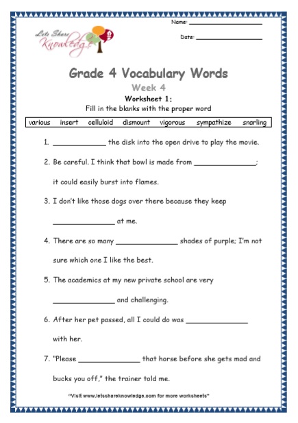 Grade 4 Vocabulary Worksheets Week 4 worksheet 1
