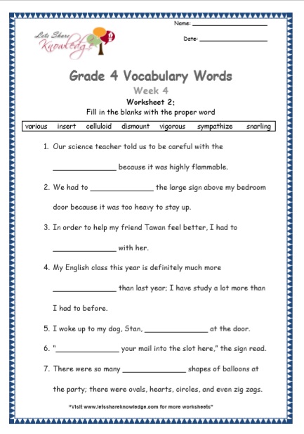 Grade 4 Vocabulary Worksheets Week 4 worksheet 2