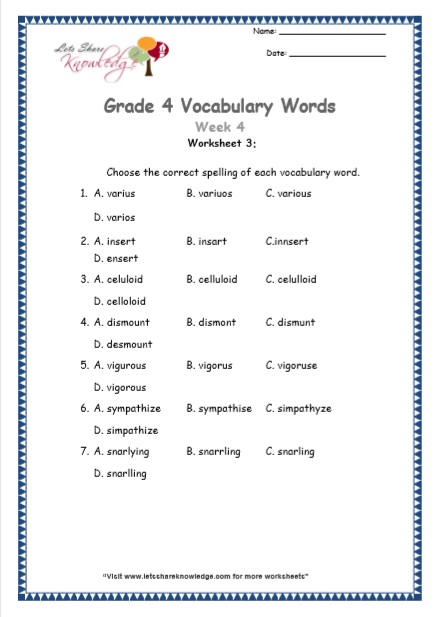  Grade 4 Vocabulary Worksheets Week 4 worksheet 3