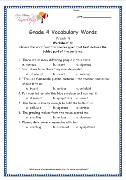  Grade 4 Vocabulary Worksheets Week 4 worksheet 4