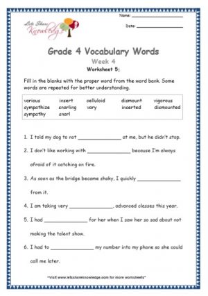 Grade 4: Vocabulary Worksheets Week 4