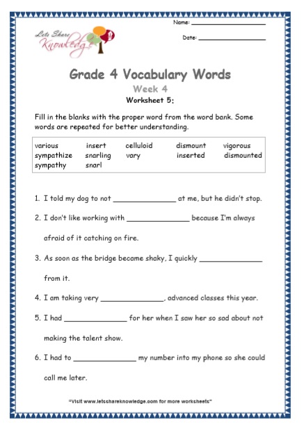 Grade 4: Vocabulary Worksheets Week 4