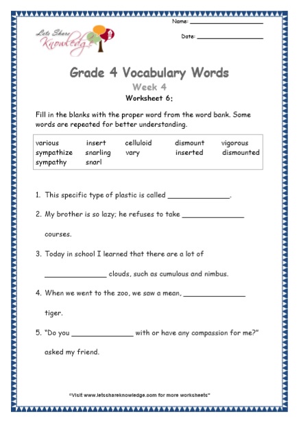  Grade 4 Vocabulary Worksheets Week 4 worksheet 6