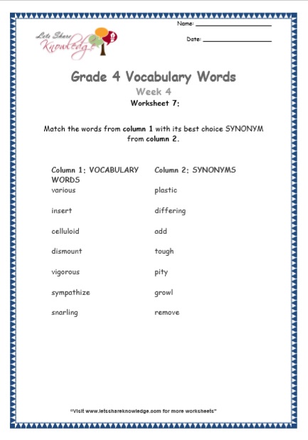  Grade 4 Vocabulary Worksheets Week 4 worksheet 7