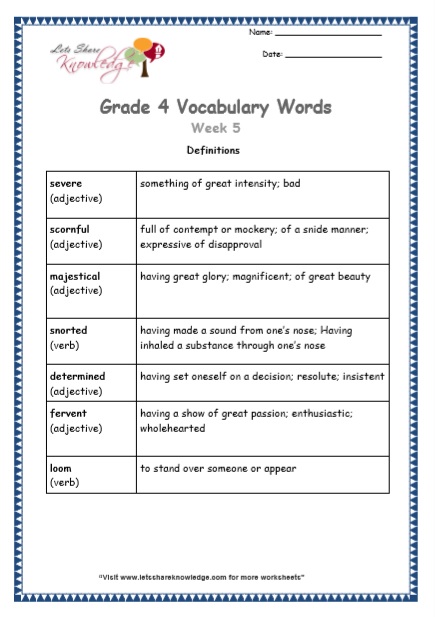 Grade 4 Vocabulary Worksheets Week 5 definitions