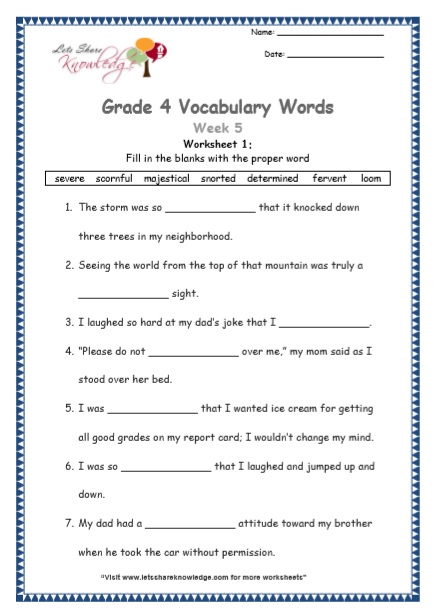 Grade 4 Vocabulary Worksheets Week 5 worksheet 1