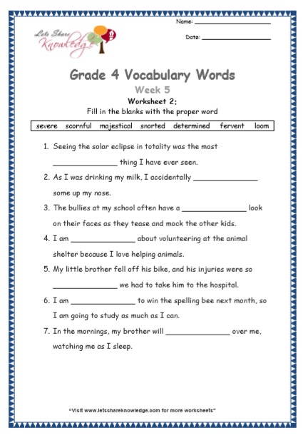 Grade 4 Vocabulary Worksheets Week 5 worksheet 2