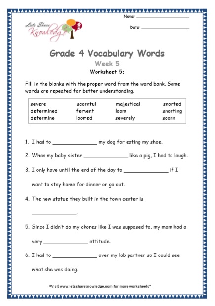  Grade 4 Vocabulary Worksheets Week 5 worksheet 5