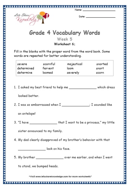 Grade 4: Vocabulary Worksheets Week 5