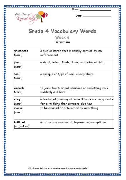 Grade 4 Vocabulary Worksheets Week 6 definitions