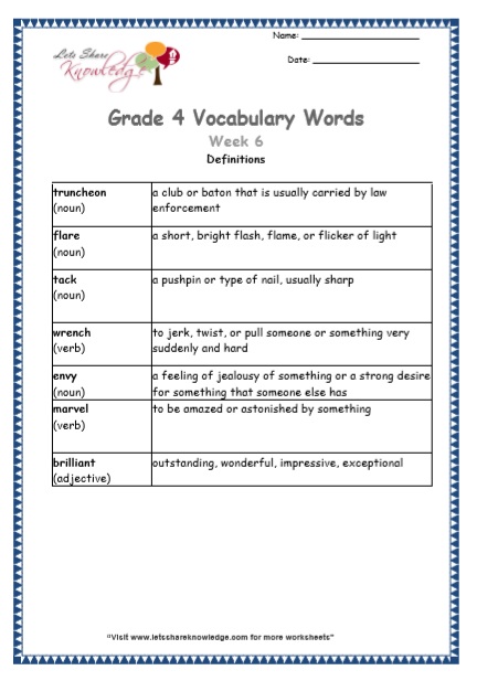 Grade 4: Vocabulary Worksheets Week 6 - Lets Share Knowledge