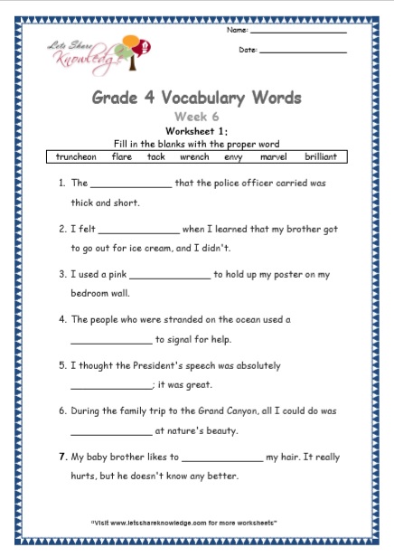 Grade 4 Vocabulary Worksheets Week 6 worksheet 1