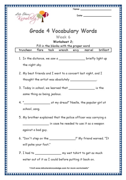 Grade 4 Vocabulary Worksheets Week 6 worksheet 2
