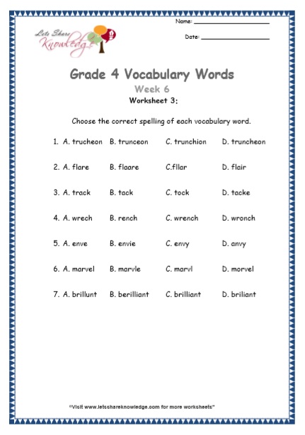  Grade 4 Vocabulary Worksheets Week 6 worksheet 3