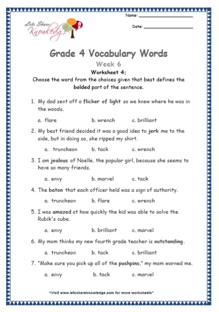  Grade 4 Vocabulary Worksheets Week 6 worksheet 4