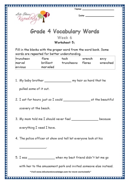  Grade 4 Vocabulary Worksheets Week 6 worksheet 5