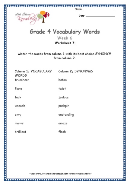  Grade 4 Vocabulary Worksheets Week 6 worksheet 7
