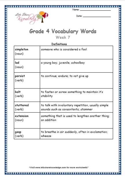 Grade 4 Vocabulary Worksheets Week 7 definitions