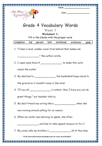 Grade 4 Vocabulary Worksheets Week 7 worksheet 1
