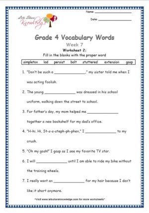 Grade 4: Vocabulary Worksheets Week 7