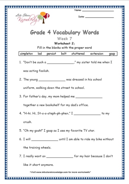 Grade 4 Vocabulary Worksheets Week 7 worksheet 2