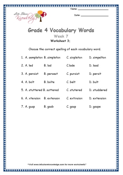  Grade 4 Vocabulary Worksheets Week 7 worksheet 3