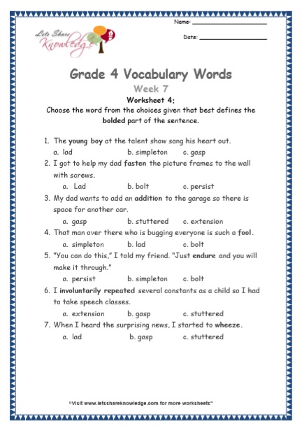  Grade 4 Vocabulary Worksheets Week 7 worksheet 4